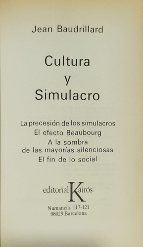 Cultura Y Simulacro. Baudrillard. (Usado)