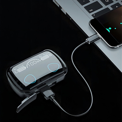 Fone De Ouvido M10 Bt Wireless 5.3 Com Indicador Digital Cor Preto Power Bank 2000mah Academia Corrida Exercicios Ezra