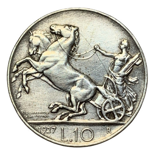Moneda Italia 10 Liras Año 1927 (r) Plata 835 Km#68