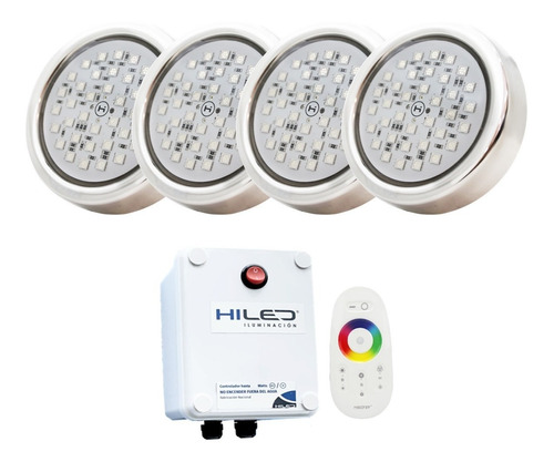 4 Luces Para Pileta Led Rgb 12w +fuente+control Remoto