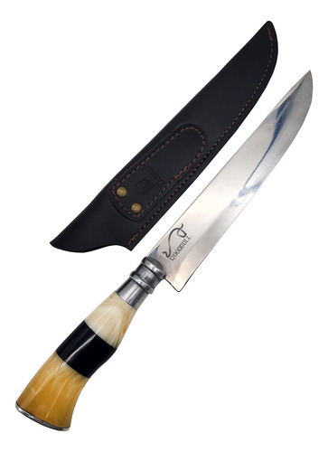 Faca Churrasco Inox Artesanal Cabo Osso Chifre 8 + Bainha Cor Marrom