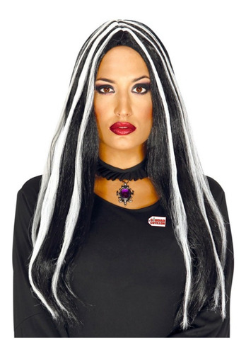 Peluca Bruja Morticia Negro Blanco Disfraz Halloween - Cc