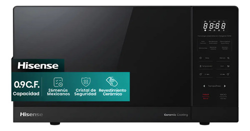 Hisense 0.9 C.F. Microondas, 26menús mexicanos preestablecidos, Cristal De Seguridad, Revestimiento Cerámico, ECO y Mute, 10 Niveles De Potencia, Función De Descongelación, Espejo Negro, HMMS2509BP