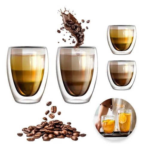 comprar 4 Vasos De Vidrio Para Café Doble Pared Térmico 350ml\u002F150ml