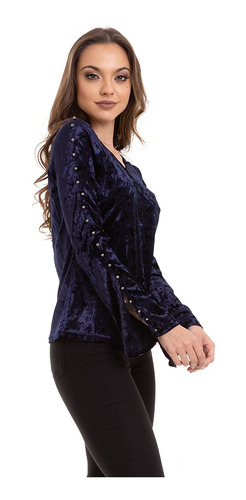 Blusa Veludo Molhado Manga Longa Azul Kinara