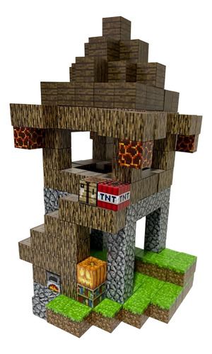 Bloco Magnético Minecraft Prédio Madeira 224 Pçs - 7 Bonecos 224 Prédio Madeira