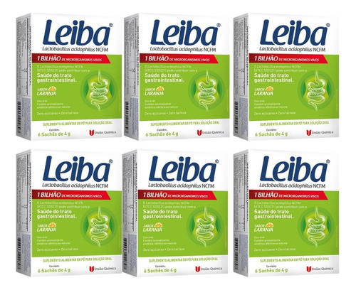 Kit 6 Probiótico Leiba Sabor Laranja 6 Sachês 4g Lactobacillus 1 Bi