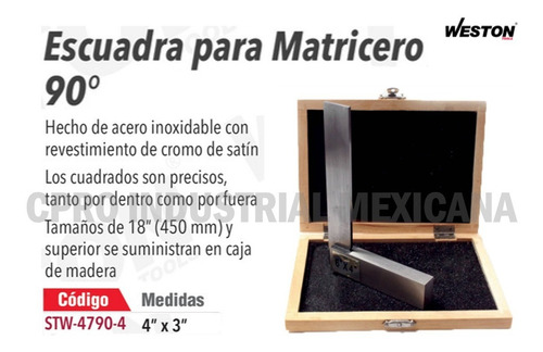Escuadra Para Matricero 90° Acero Inoxidable 4´´ X 3´´