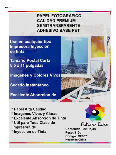 Papel Foto Glossy  Transparente Adhesivo C/ Agua Carta 