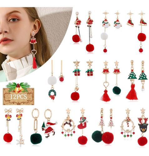 Aretes Pendientes Mujer Niñas Navidad Adornos Joyería 12 Par