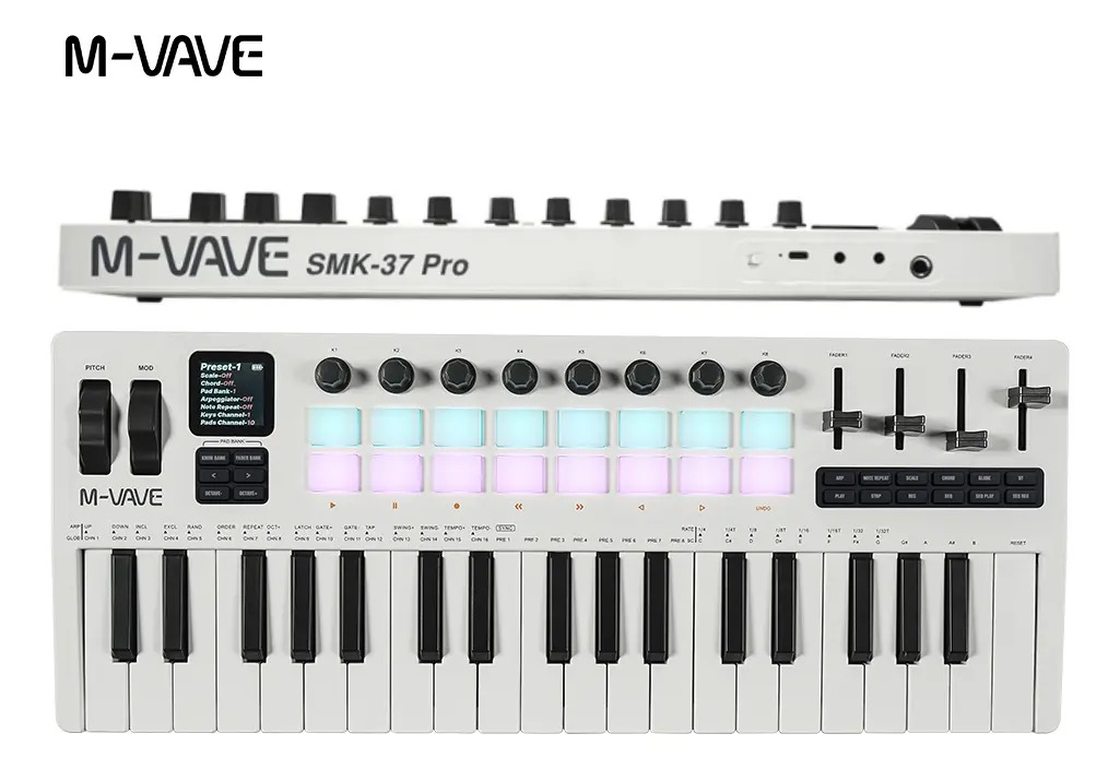 Teclado Controlador MIDI M-Vave SMK-37 Pro de 37 Teclas e 16 Pads Branco