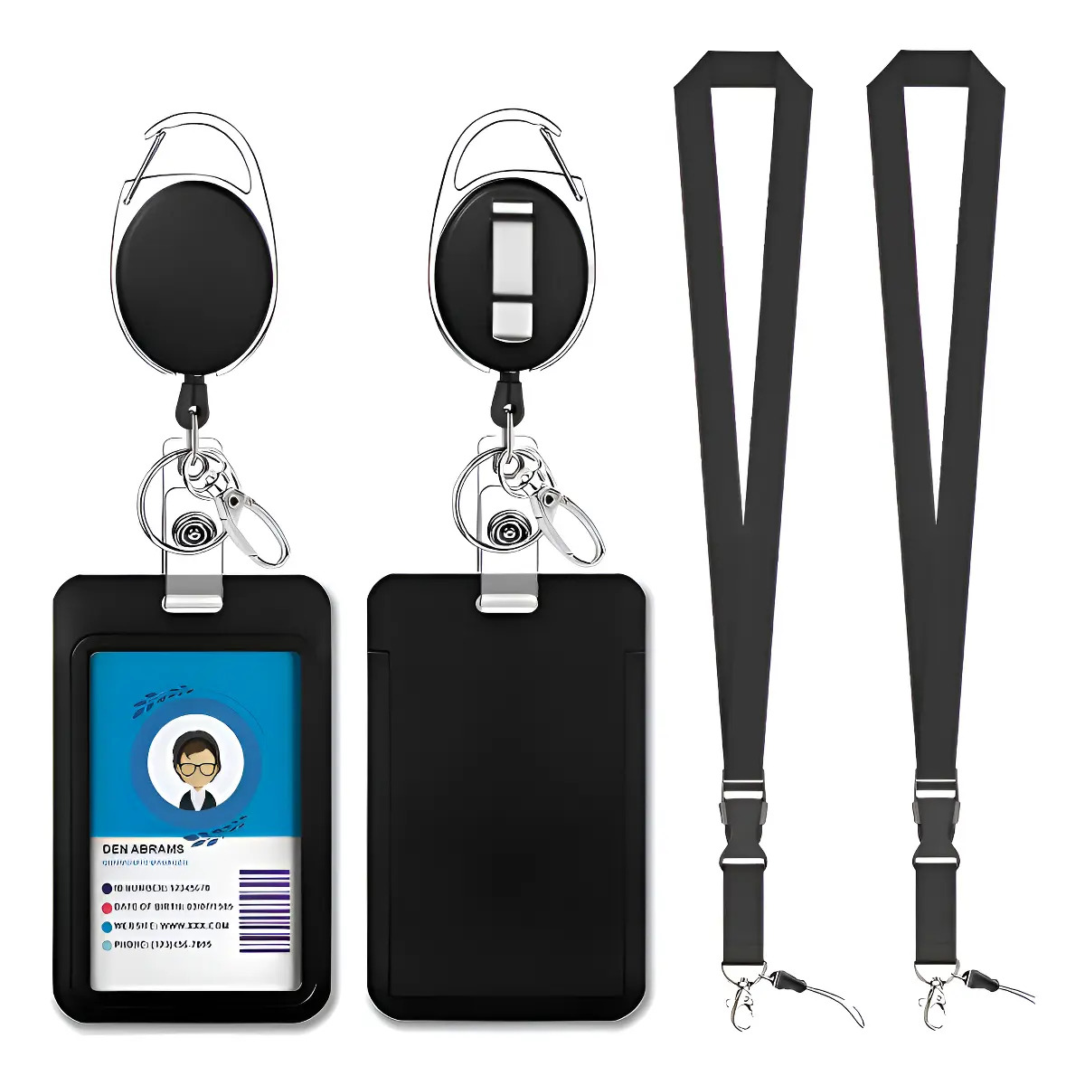 Pack 2 Porta Credenciales Retráctiles con Clip y Lanyard – Negro