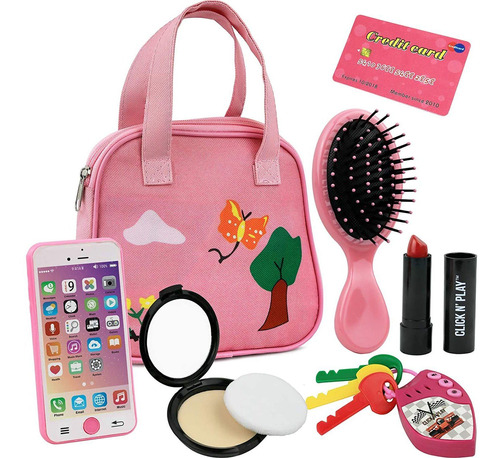 Set Bolsa Cosmeticos Niña N Click `play Rosa Juguete 8 Pzs 