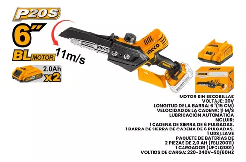 Mini Motosierra Inalambrica 20V Longitud Barra 6 Ingco CGSLI2068