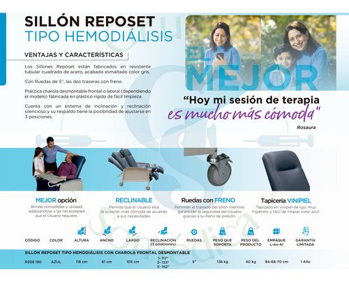 Sillón Reposet Tipo Hemodiálisis Charola Desmontable Reactiv