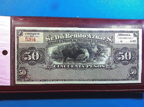 Billete México $50 Pesos Merida Yuc Dñ. Benito Aznar 1889 