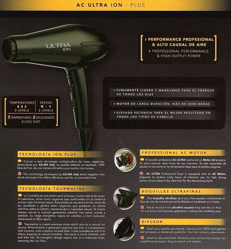 Imagen 6 de 10 de Secador Pelo Cabello Gama (110) Super Potente Accesorios - Garantia Oficial - Gran Potencia - Velocidades - Silencioso