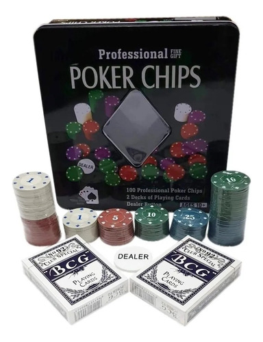 Juego De Poker Professional 100 Fichas Cartas Estuche Lata