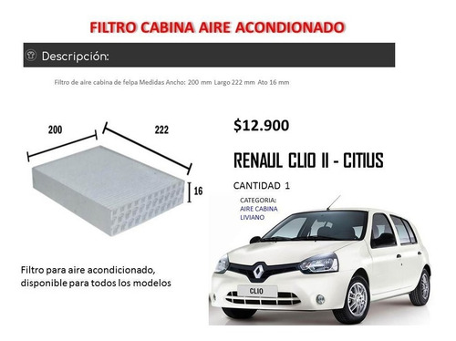 Filtro Aire Acondicionado Renault Clio - Citius - Symbol