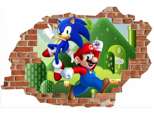 Vinilo Efecto 3d Pared Rota Mario Y Sonico  - 150mx1m