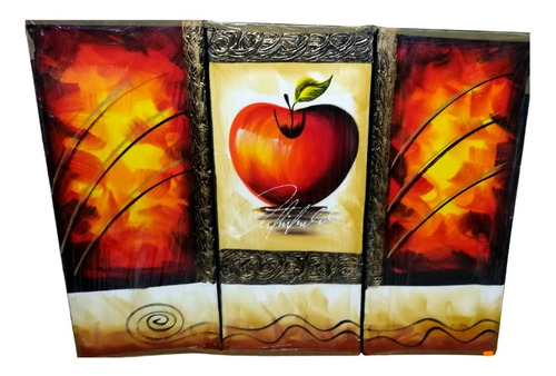 Pintura Oleo 3 Pzas, Cuadro Decorativo, Regalo, Manzana Roja