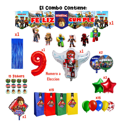 Combo Globos Roblox Bolsita Banderin Stickers Topper Guirnal Rojo Número 9