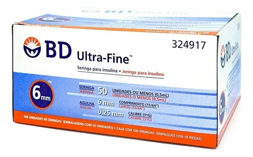 Bd Ultra Fine Jeringa De Insulina 0.5ml Aguja 31 G 6mm 100u