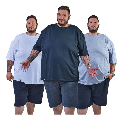 Kit Combo 3 Camisetas Lisas Plus Size Preto, Branco E Mescla