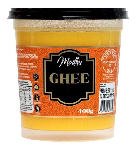 Ghee Manteiga Clarificada 400g Original Madhu Bakery