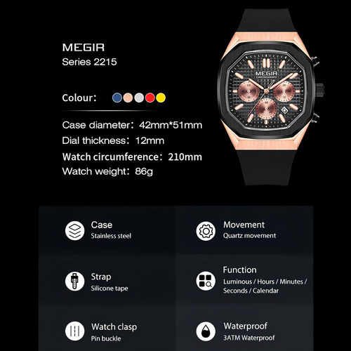 Reloj Cronógrafo Con Calendario Cuadrado Megir Color De La Correa Azul