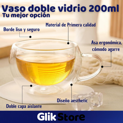 Taza Doble Pared Vidrio Asa 200 Ml. Cafe Te Térmica Aislante Transparente Abrazo