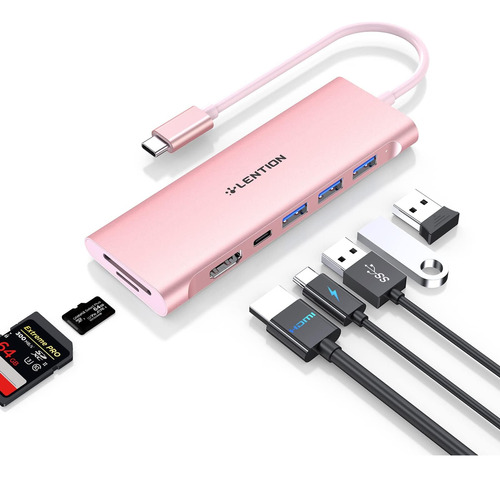 Lention Usb C Multiport Hub Con 4k Hdmi, 3 Usb 3.0, Lector D