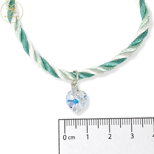 Imagen 2 de 4 de Pulsera Plata Hilo Seda Verde Con Dije Cristal Swa Corazon