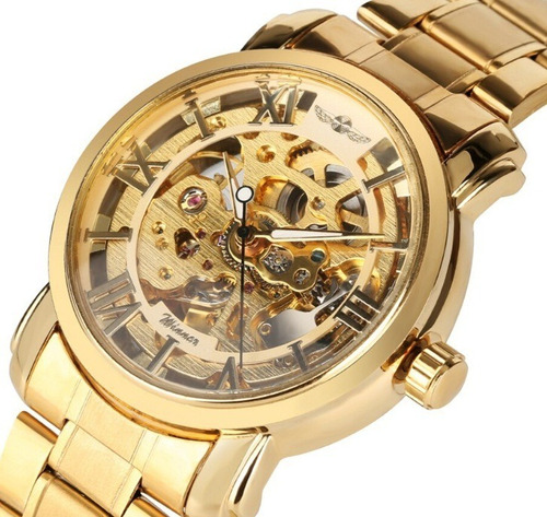 Relógio Masculino Automático Aço Inox Dourado Skeleton