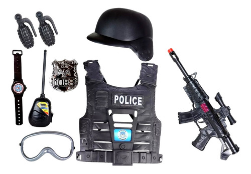 Kit Arma Brinquedo Fuzil Colete Police Policial Militar 10 P