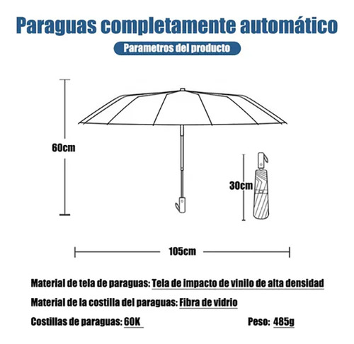 Paraguas Automático Extra Grande 105cm Reforzado 12 Varillas Negro