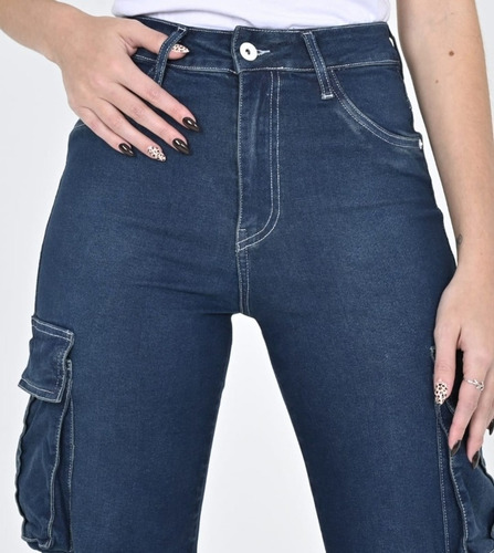 Jean Wide Leg Cargo Elastizado Costuras Blancas Diva