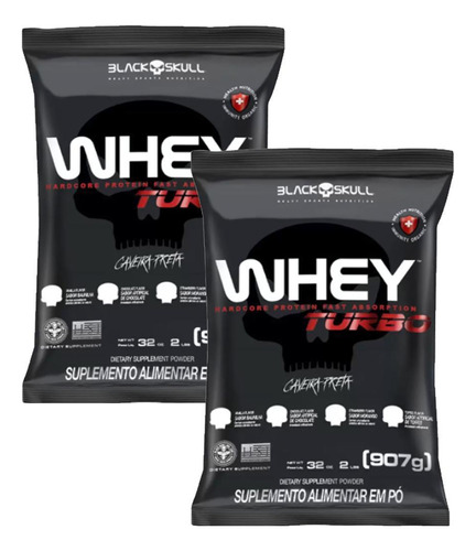 Combo 2x Whey Protein Turbo Morango Refil 900g - Black Skull