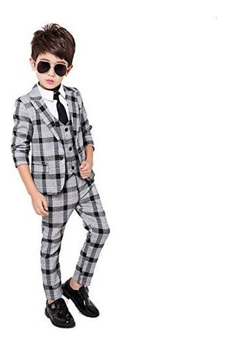 Gele Boy Set De Traje Formal A Cuadros De 4 Piezasvestpantsb