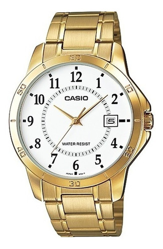 Reloj pulsera Casio Enticer MTP-V004 de cuerpo color dorado, analógico, para hombre, fondo blanco, con correa de acero inoxidable color dorado, agujas color dorado, dial negro, minutero/segundero negro, bisel color dorado y desplegable