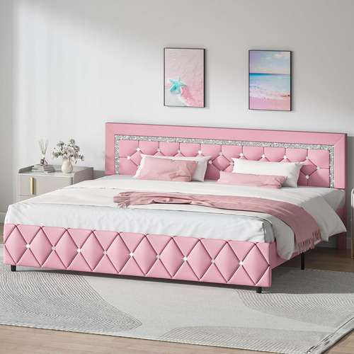 Bed Frame King Size C/ Cabecera Capitonada Hombck Rosado