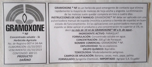 Imagen 2 de 2 de Herbicida Gramoxone Para Matamaleza Presentación 400 Cc.