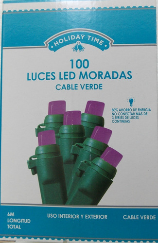 Serie 100 Luces Led Moradas Holiday Time Cable Verde, Nueva