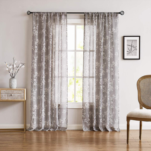 Cortinas Transparentes De Mezcla De Lino Con Diseno Floral F