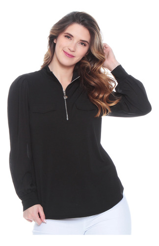 Blusa Wados Solida Scote V Con Cierre En Bolsillos