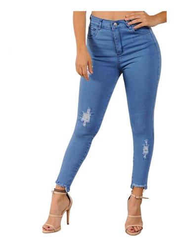 Jeans Tiro Alto Chupin Elastizado Rotura Mujer Celeste