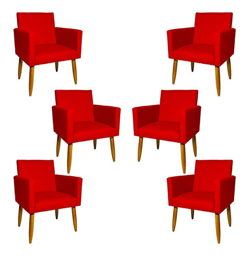 Kit 6 Poltronas Decorativas Para Sala Cadeira Pé Castanho Cor Vermelho Desenho do tecido Suede