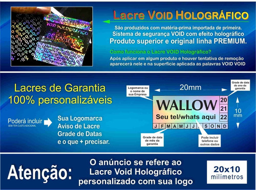 Lacre Void Holográfico Premium Personaliza 20x10mm 250un P/b