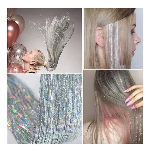 Hilos De Oropel Metalicos Para Cabello Plateado Holografico