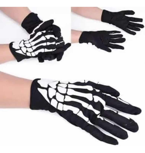 Guantes Tela Negros Diseño Esqueleto Disfraz Halloween